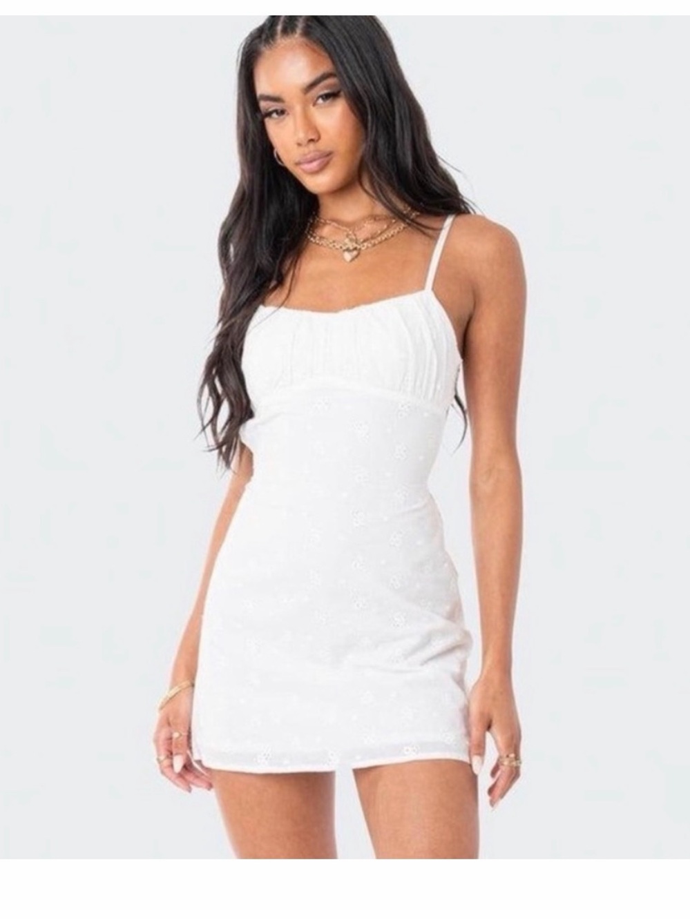 Edikted White Eyelet Spaghetti Strap Mini Dress